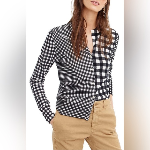 J. Crew Jackie Mix Check Cotton Blend Black & White Cardigan, size XL - Picture 2 of 6